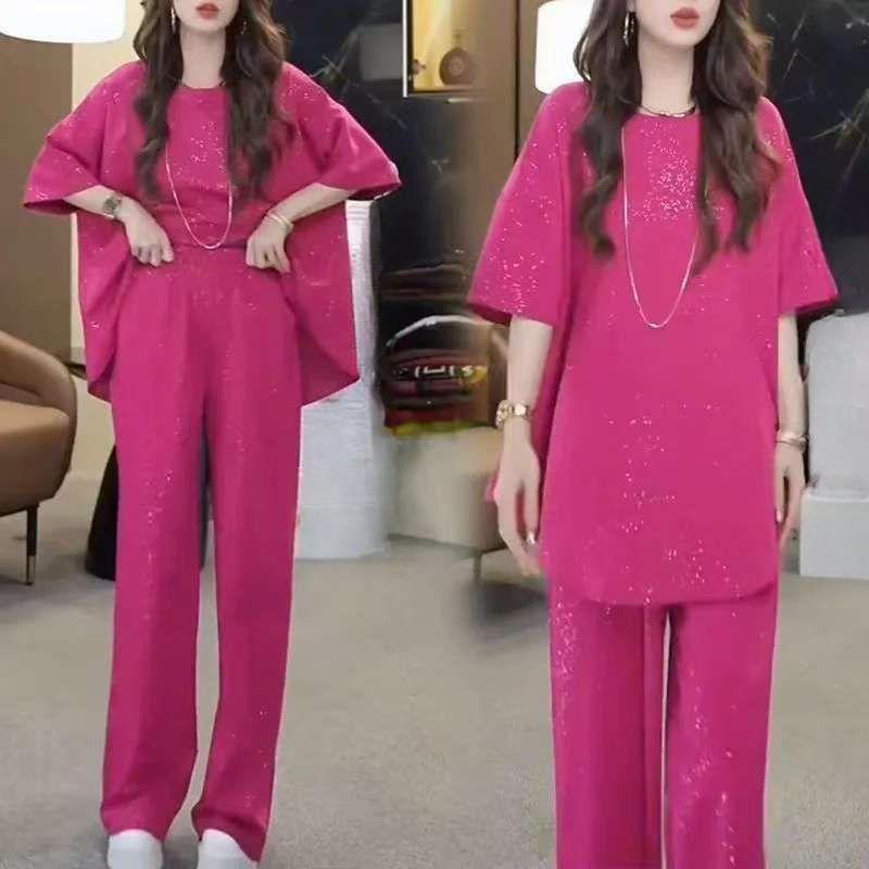 

Летний женский свободный модный костюм, футболка с короткими рукавами, расшитая блестками, брюки с широкими штанинами и высокой талией, костюм из двух частей XXL