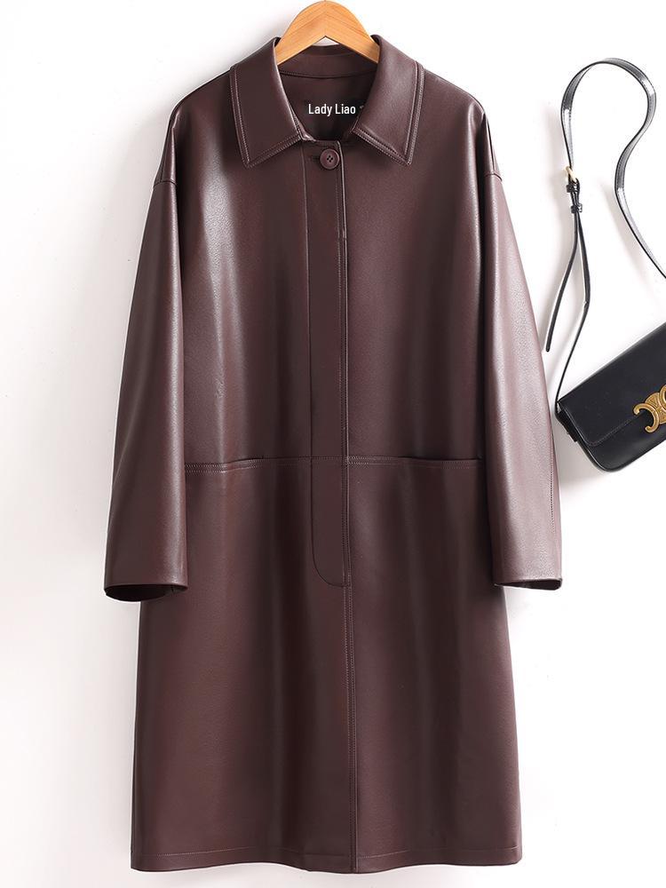 Women's Mid-Length Genuine Sheepskin Leather Jacket - Loose Slimming Trench Coat, Autumn/Winter 2025 Collection