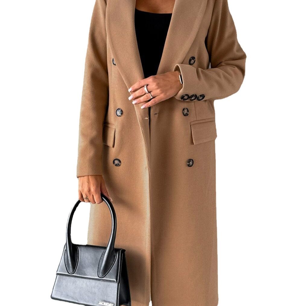 Women's Spring Set Versatile Woolen Coat Solid Color Long Sleeve Double breasted Insert Pocket