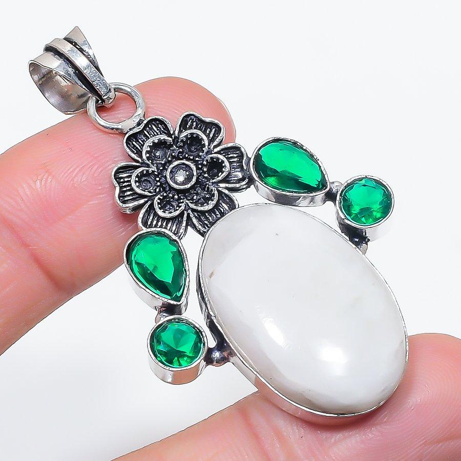 Moonstone, Diopside Gemstone 925 Sterling Silver Jewelry Pendant 2.29"