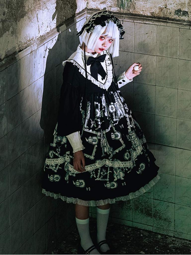 [Milky Time] Gothic Lolita Dress, Monochrome, Cosplay, Landmine Style, A-Line, Sickly Cute, Long Sleeves