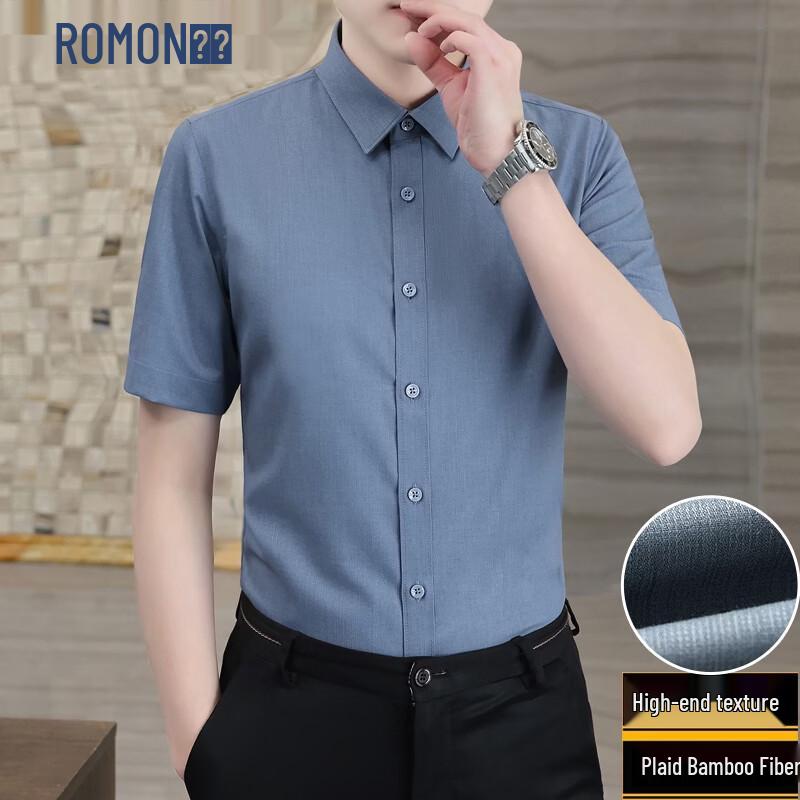 ROMON Men s Luxury Textured Plaid Bamboo Blend Short-Sleeve Shirt 3XL