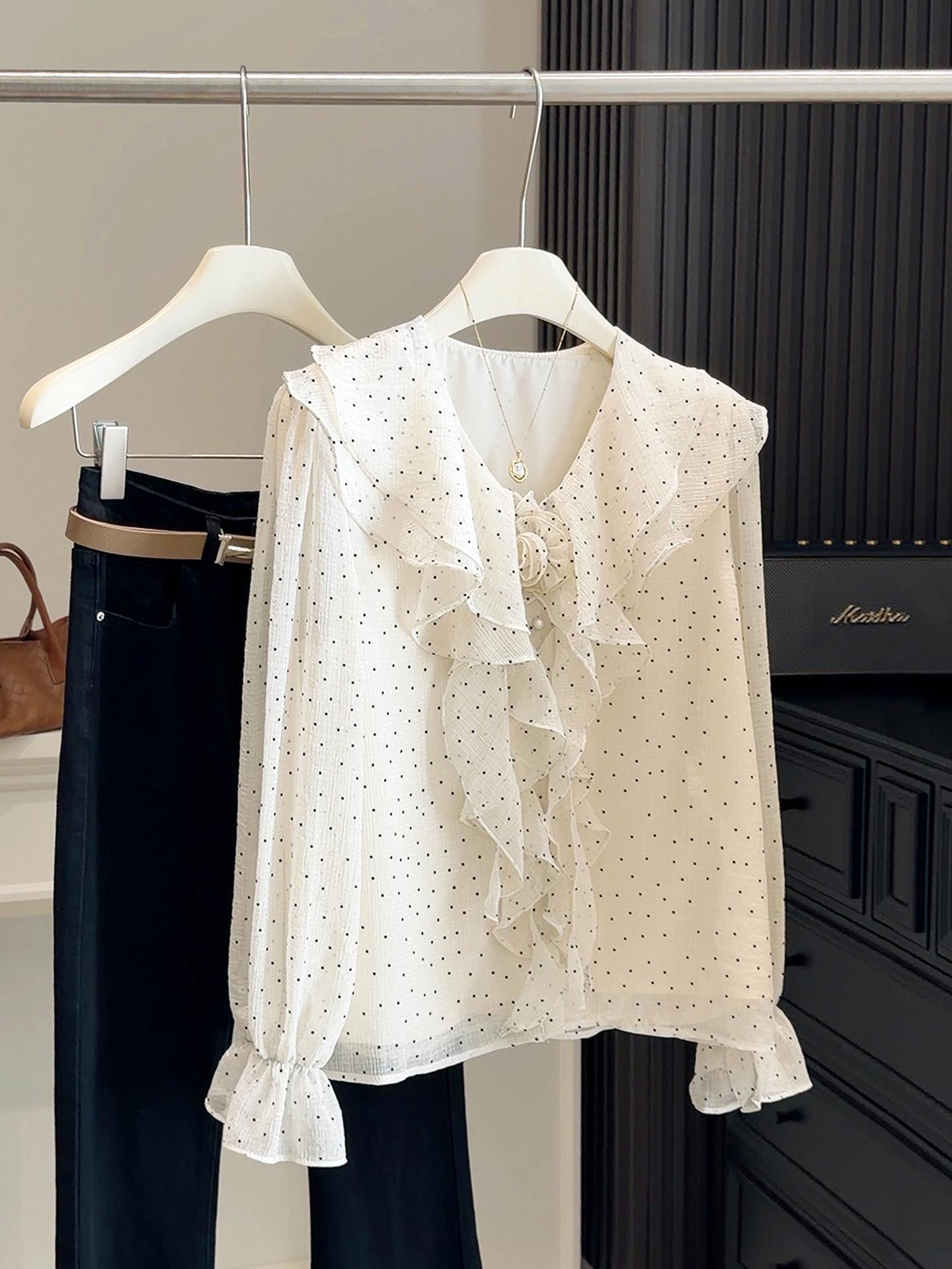 Женская французская шифоновая рубашка с рюшами в горошек, с длинным рукавом, весна 2026