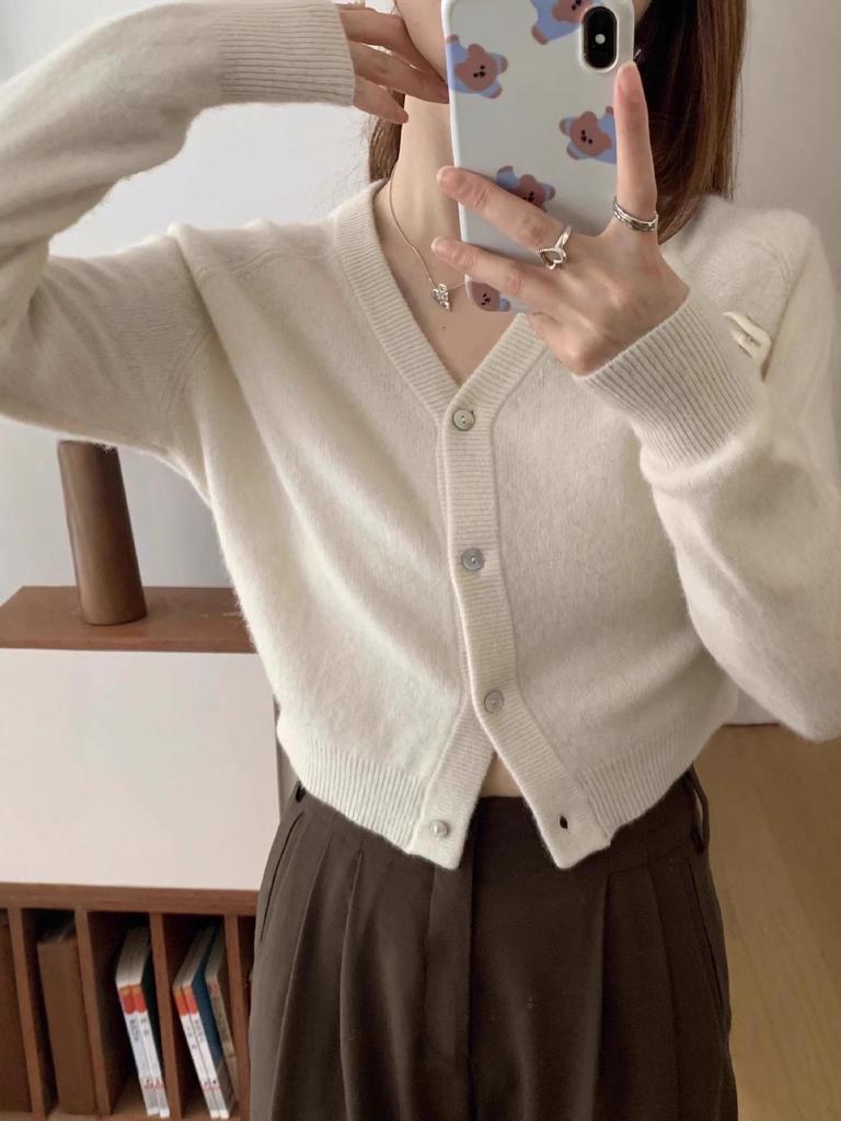 2025 Women's Autumn/Winter Wool V-Neck Cardigan - Solid Color, Versatile Knit Sweater, Loose-Fit Outerwear