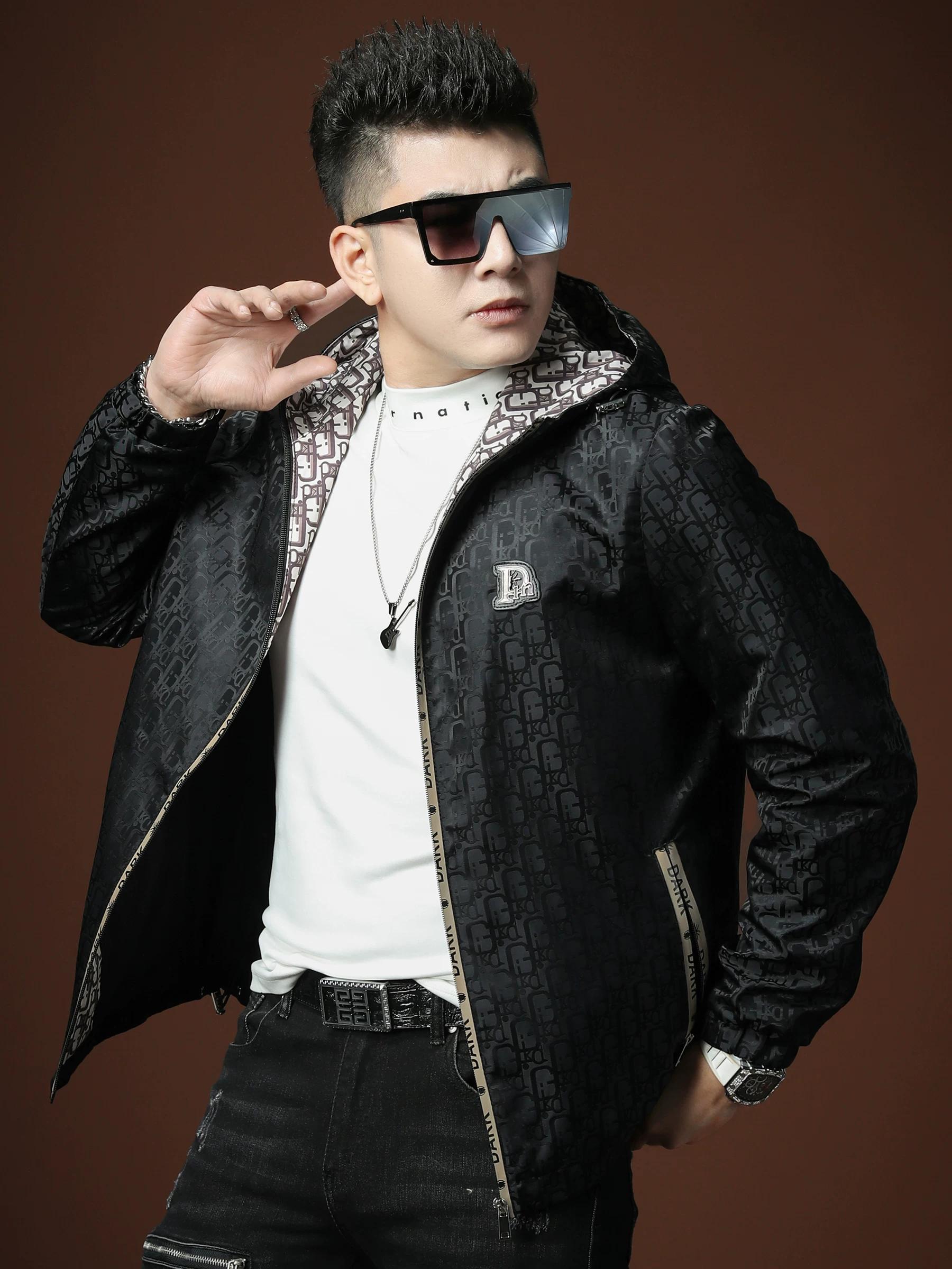 2025 Autumn New High-End Trendy Brand Hooded Jacket Men s Fashion Letter Jacquard Casual Thin Jacket Men s Clothing L чёрный
