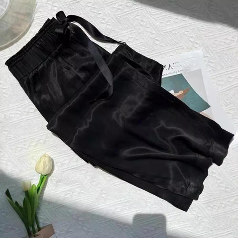 

Весна-лето Повседневные женские брюки с широкими штанинами Брюки Acetic Acid Ice Silk Повседневные брюки из тонкого атласа Женские прямые длинные брюки с высокой талией S чёрный