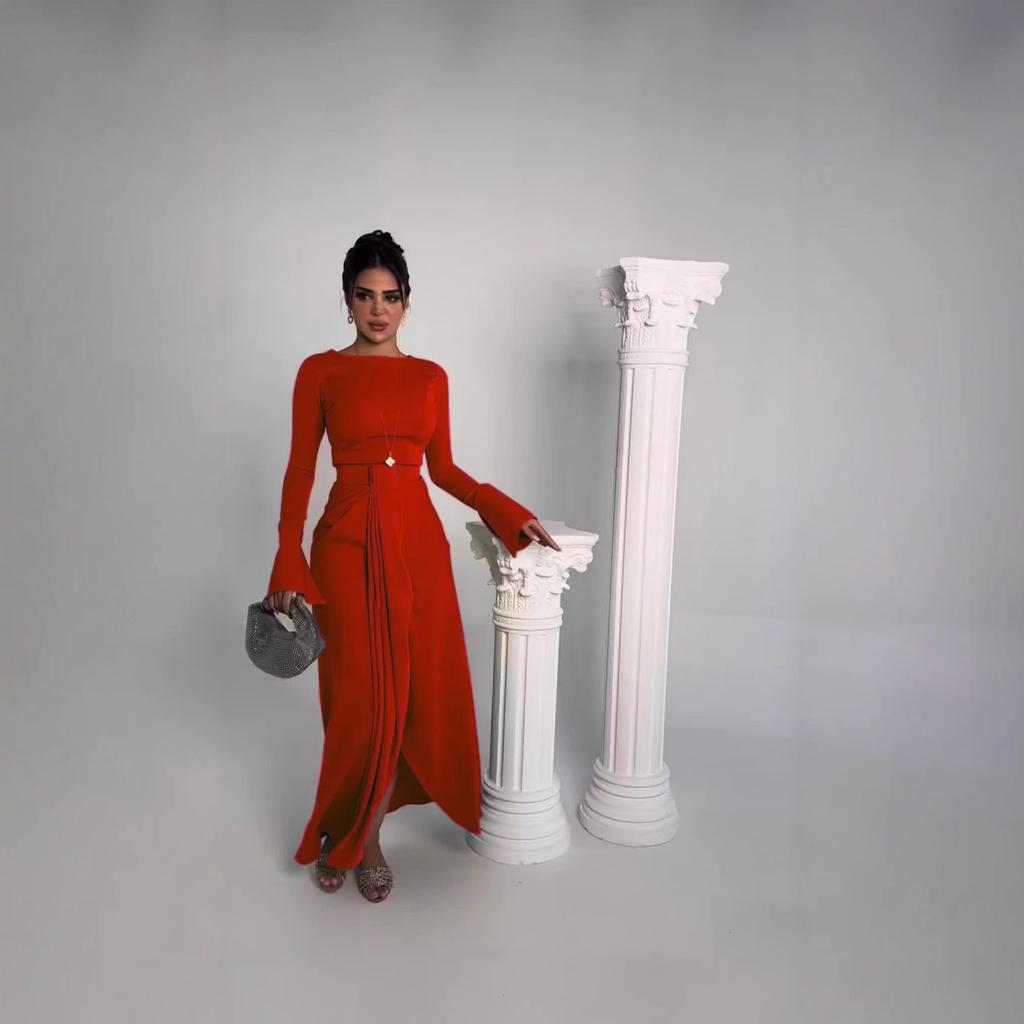 2025 autumn and winter new women's clothing sexy long-sleeved slit dress two-piece set