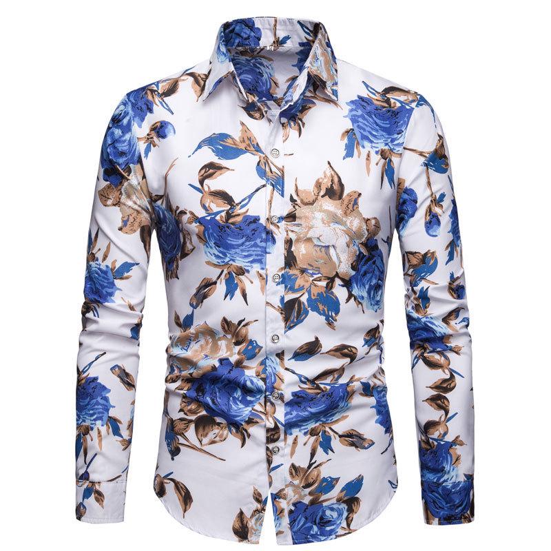 Men's Plus Size Long-sleeved Casual Floral Shirt.