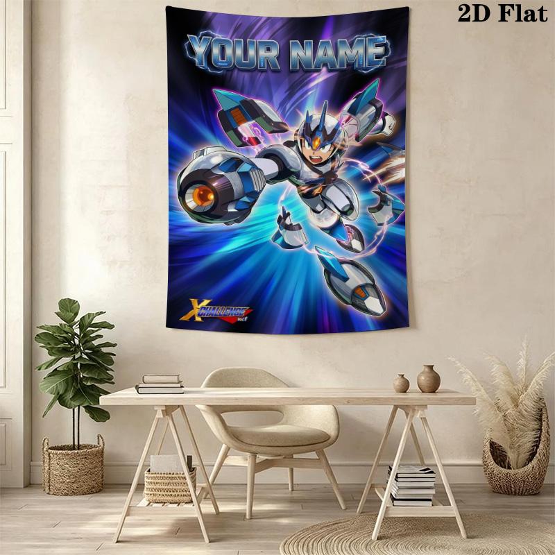 Name Custom Mega Man Anime Wall Tapestry Aesthetic Wall Hanging Printed Fabric Blanket Decorative Tapestries for Bedroom Living Room Home Decor