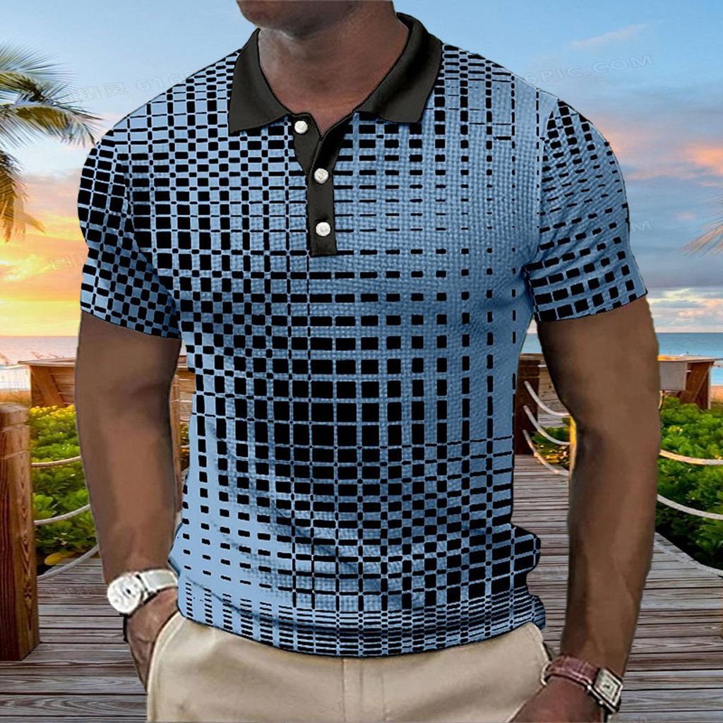 Men'S Simple Plaid 3D Digital Printing Business Casual Short-Sleeved Lapel Polo Shirt