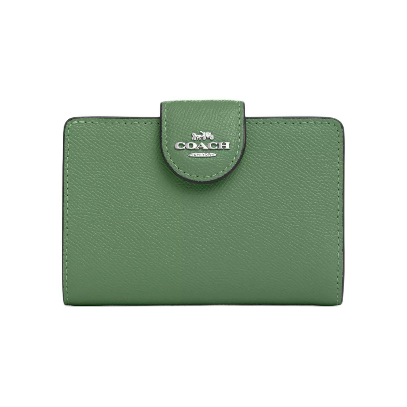 COACH Corner Zip Wallet 13 Logo Snap Cross Grain Leather Women wallet Silver Light-Green 6390-SVRT2 Silver & Light Green