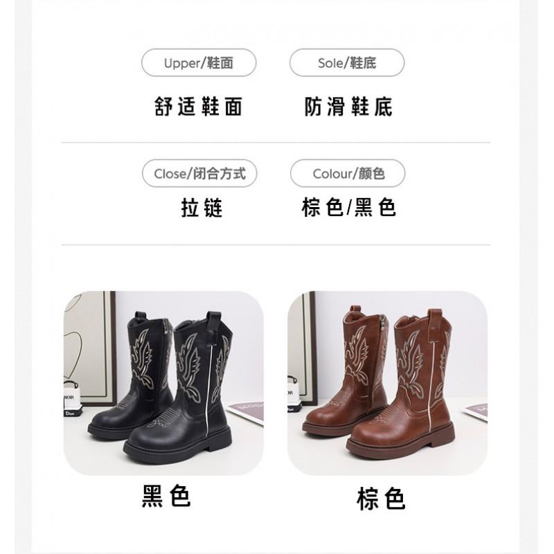Girls Chelsea Boots Mid-Calf Soft Sole Embroidered Vintage Style Winter Kids Footwear