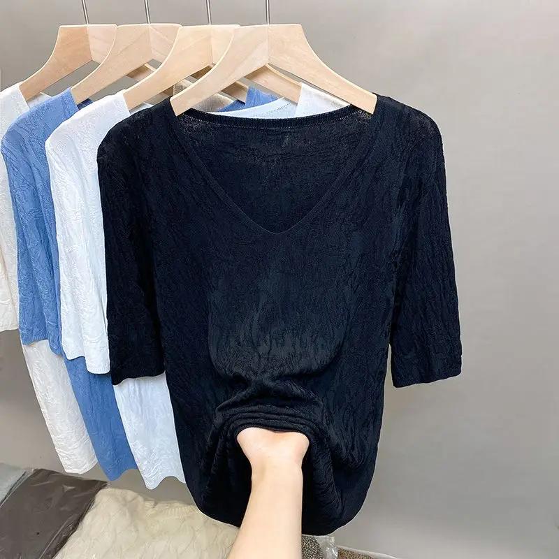 Women's V-Neck Half Sleeve T-Shirt Loose Fit Breathable Casual Solid Color Top