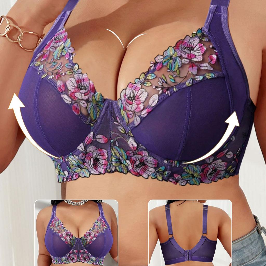 Sexy Lila Bestickter Damen Spitzen-BH mit Seitlich stützenden U-förmigen Schulterträgern für Übergröße Unterwäsche