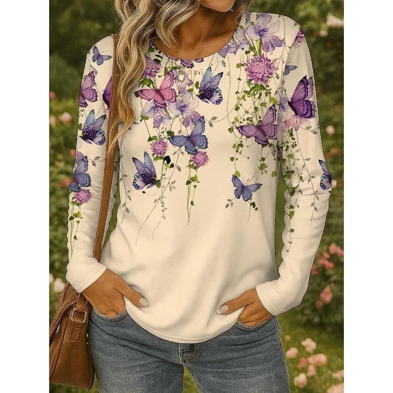 Women's 3D Butterfly Print T-shirt Fashion Long Sleeve Round Neck Regular Tops Holiday Weekend Spring and Autumn