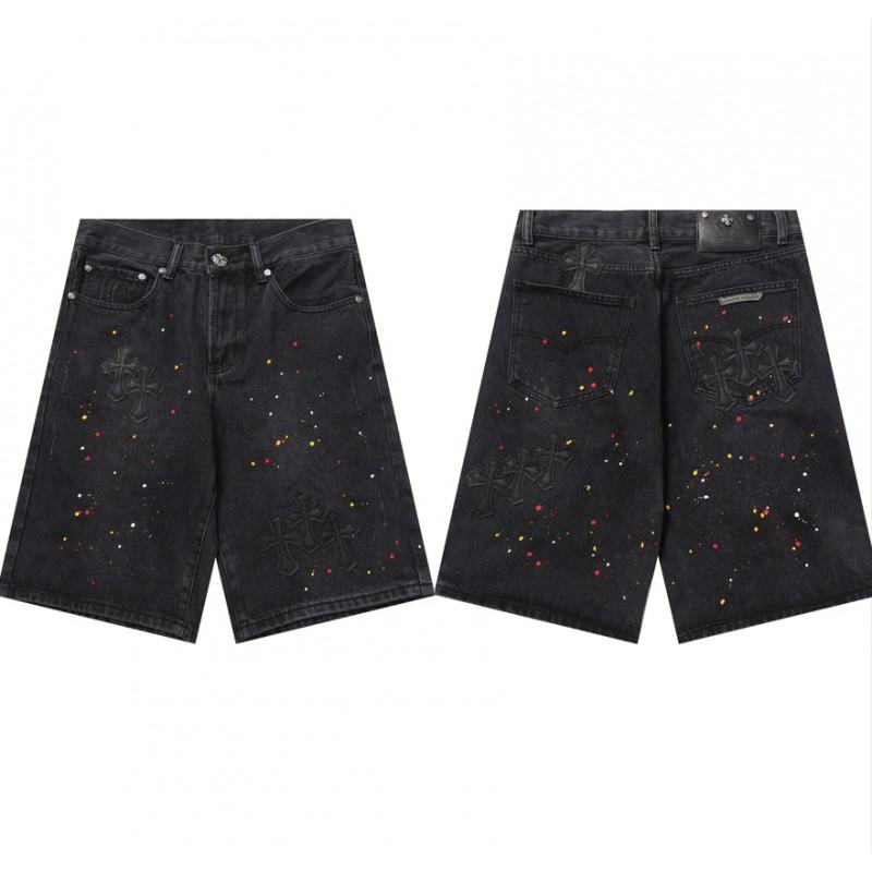Streetwear Cross Patch Denim Shorts Men Relaxed Fit Ripped Vintage Wash Mid Length