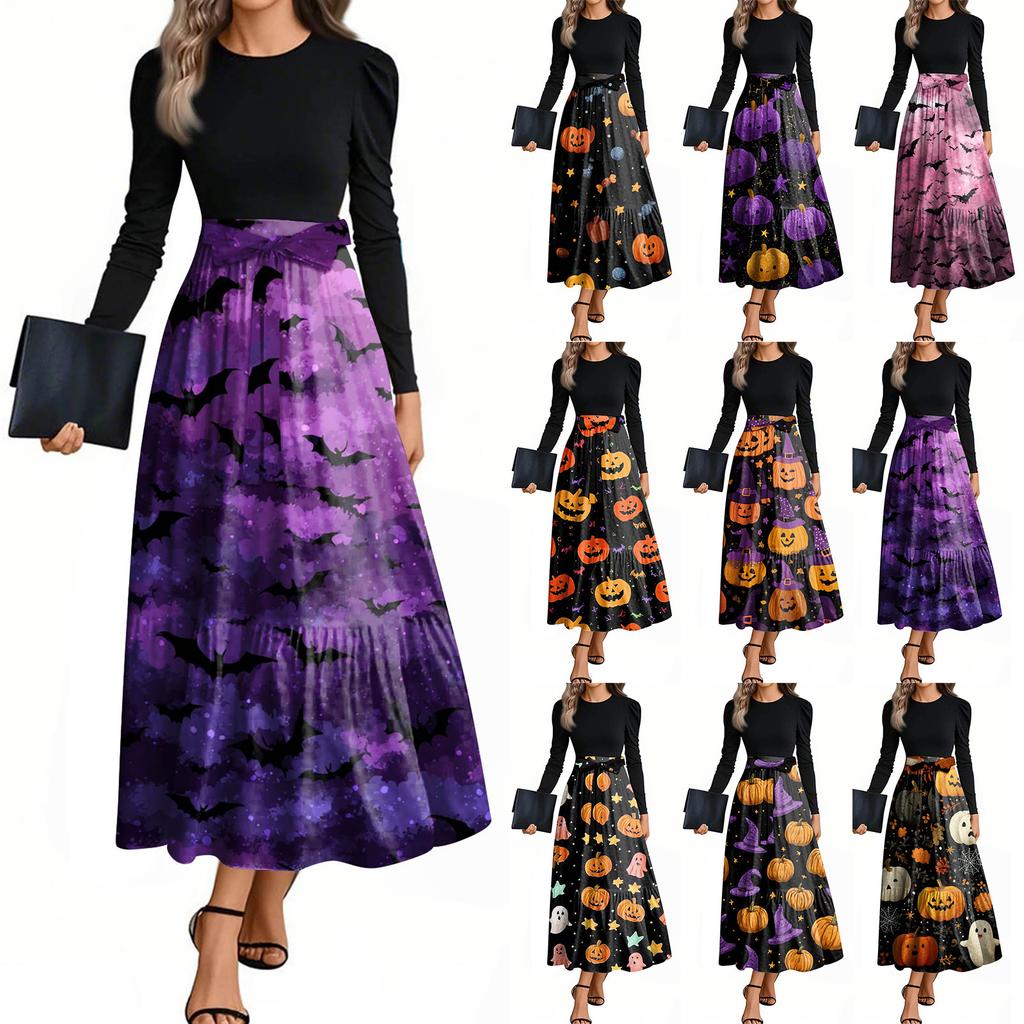 Women's Fashion Casual Belted Long Sleeve Round Neck Halloween Printed Elegant Temperament Dresses