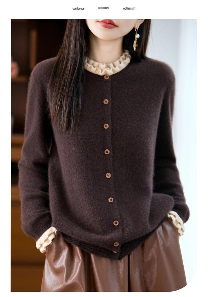 Women's 100% Pure Wool Ruffle Edge Cardigan - Autumn Loose Knit Cashmere Sweater