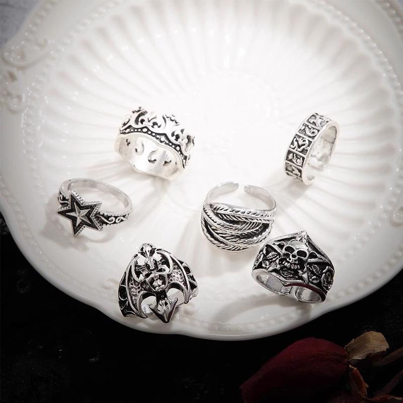 6pcs/set Halloween Jewelry Gothic Metal Skull Head Five Point Star Adjustable Ring for Men Punk Silver Color Rings Party Gift