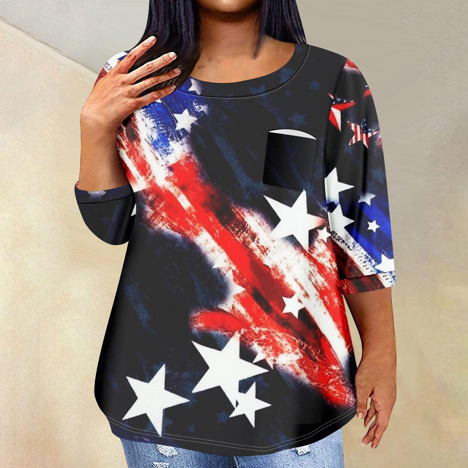 

Женская модная повседневная футболка с рукавом три четверти и принтом в честь Дня независимости и круглым вырезом, карманная футболка, топ L чёрный