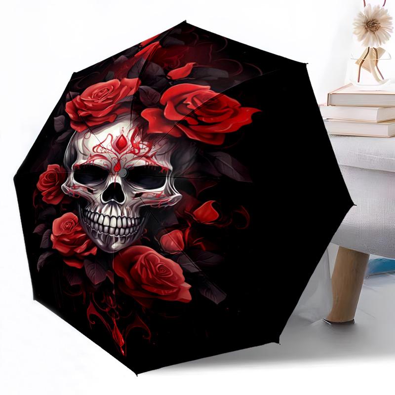 Butterflies Skull and Roses Outdoor Automatic Umbrella Sturdy 8 Rib Durable Plastic Iron Outdoor Daily Use Outdoor Accessory Perfect Gift Friends