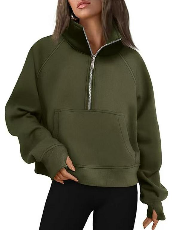 Women's Raglan Sleeve Fleece Loose Coat - Half-Zip Stand Collar Sweatshirt for Autumn and Winter