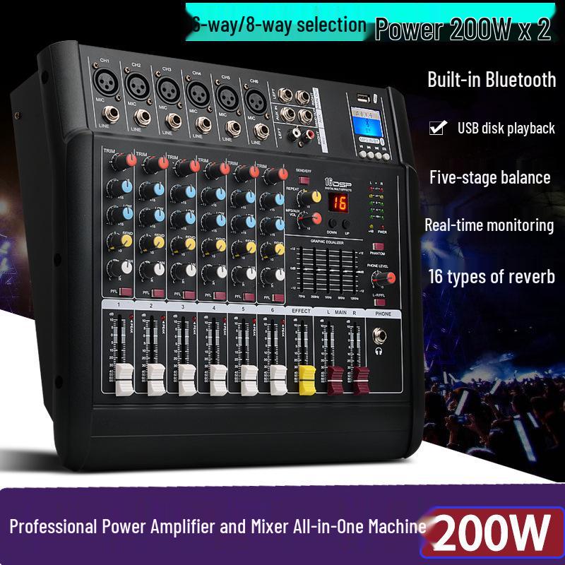 All-in-One 4/6 Channel Professional Mixer Amplifier with High Power, Reverb, and Equalizer for Stage and Wedding Performances