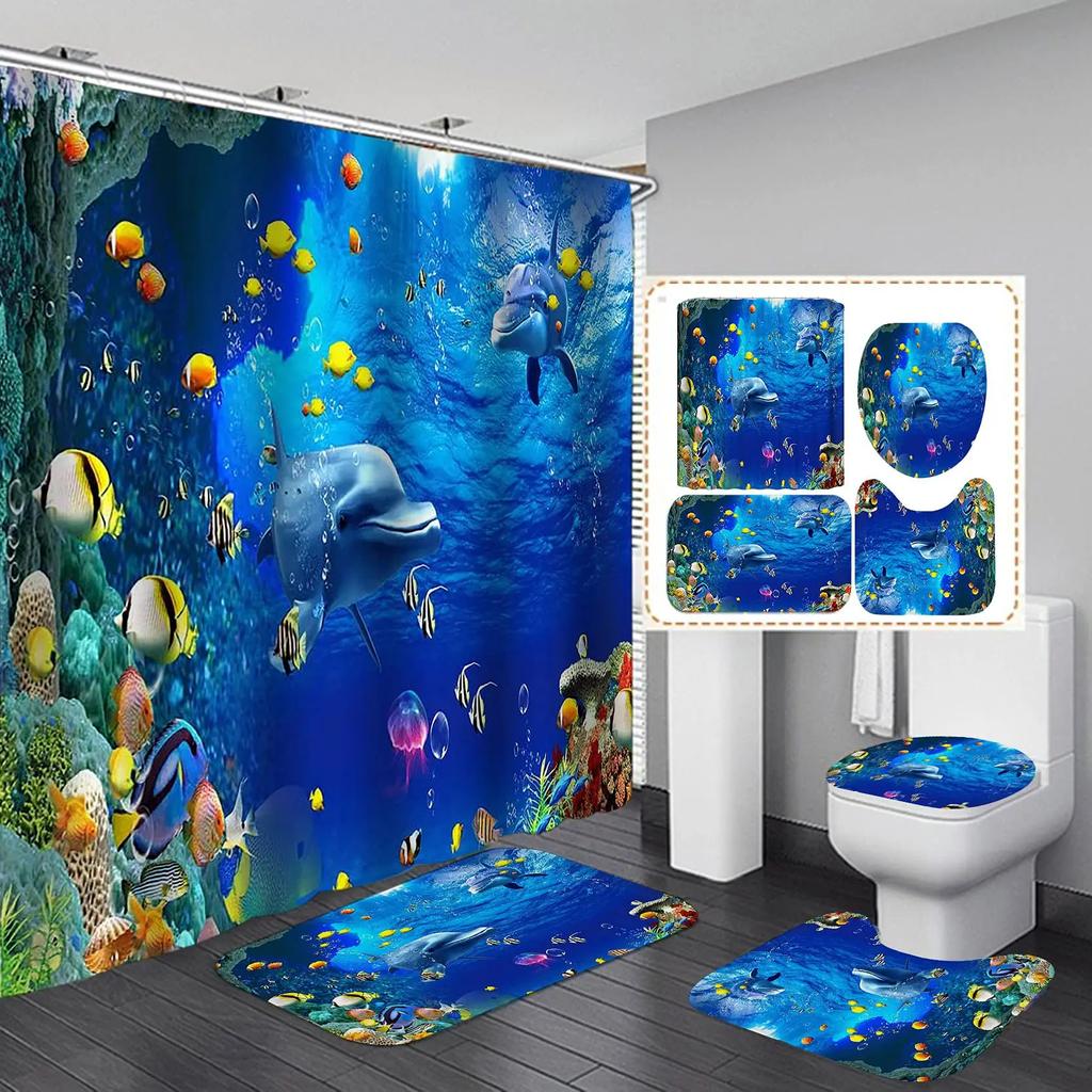 Fashion Sea World Dolphin Shower Curtain Set Bathroom Shower Curtain Set Non-Slip Bath Mat Toilet Lid Cover Polyester Waterproof