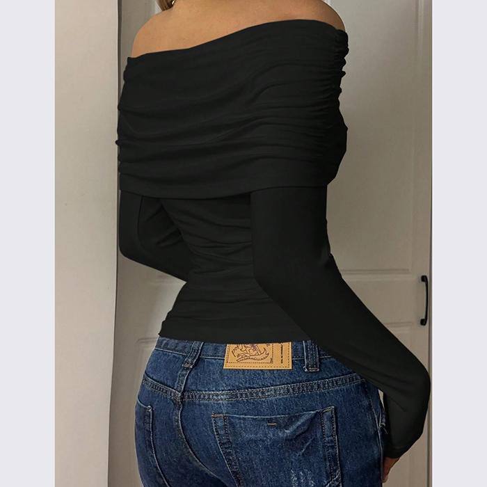 Ladies Spring Autumn Long Sleeve Boat Neck Solid Color Slim Fit Bodycon Pullover Casual T Shirt Top