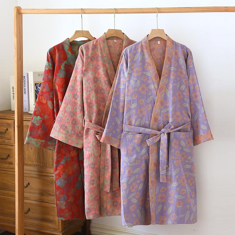 Damen Bademantel im Retro-Stil mit Blumendruck, gewebter Jacquard-Baumwolle, Kimono Yukata Homewear Roben, Nachthemd Bademäntel für Frauen