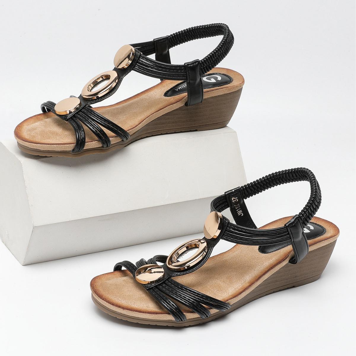 

2025 весна новые богемные сандалии на танкетке с открытым носком женская обувь источник 41 чёрный