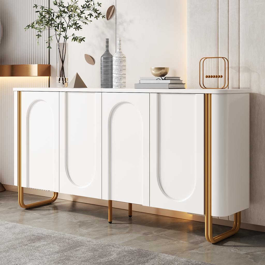 Sideboard Buffet MDF Iron Feet 4 Doors Arch Relief Rounded Corners Push-to-Open Staggered Storage Living Room