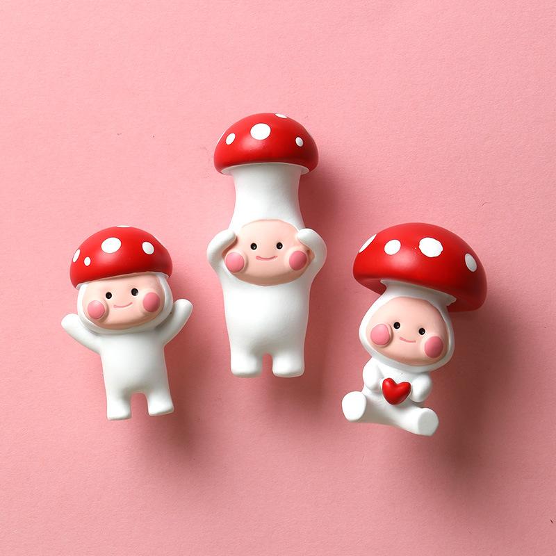 3D Red Mushroom Refrigerator Sticker Standing Sitting Hug Cartoon Refrigerator Decorative Magnetic Sticker Resin Gift