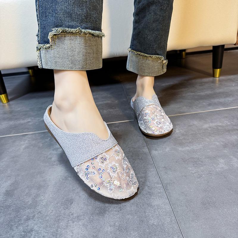 Fashion Round-toed Padded Mesh Half-slipper for Women In 2025 Summer Low-heeled Flat-bottomed, Lazy Person, Hollowed-out Women Slippers