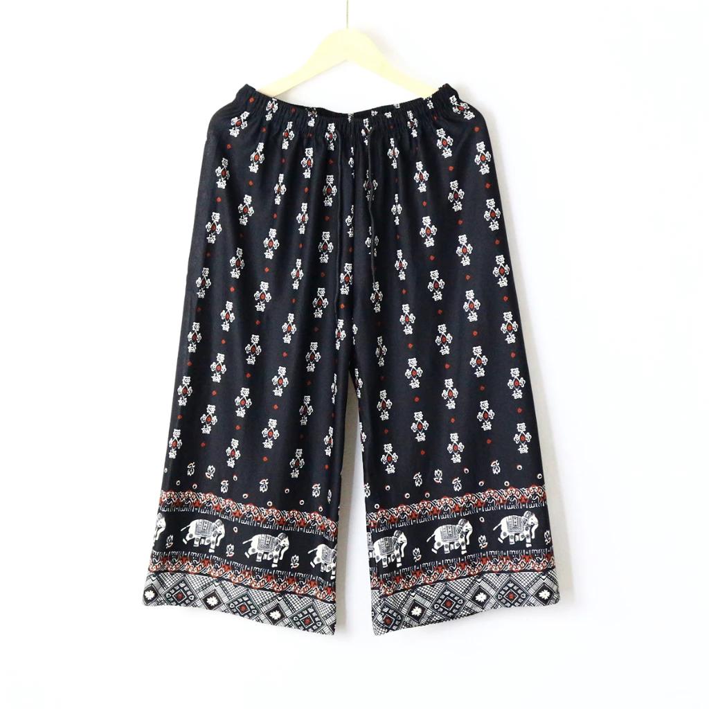 Elephant Capris Crop Pants Adjustable Elastic Waistband Rope Loose Legs Women Men Unisex Print Thailand Casual Streetwear Beach Bohemian Retro Vintage