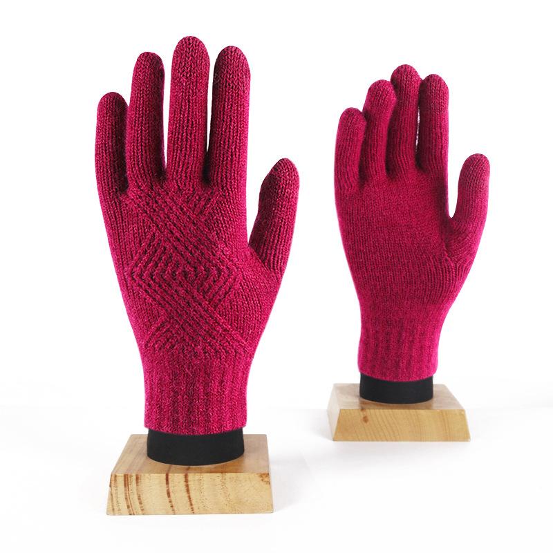 Knitted Ankola Red Gloves Women's Winter Warm and Cold-proof Thickened Solid Color Versatile Cycling Touch Screen Split-finger Gloves