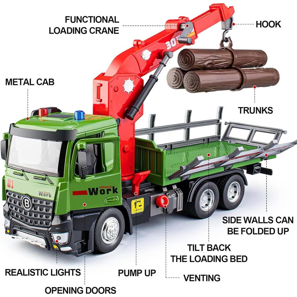 1/24 Scale Wooden Toy Truck Metal Cab, Friction Driven Wooden Truck, Equipped with A Full Function Loading Crane and 3 Loadable Logs, Light and Sound,