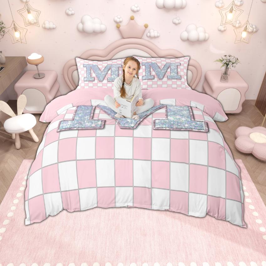 Homewish Monogrammed Duvet Cover Set for Kids, Pink Buffalo Plaid Bedding Set, Pink Reversible Quilt Cover Set