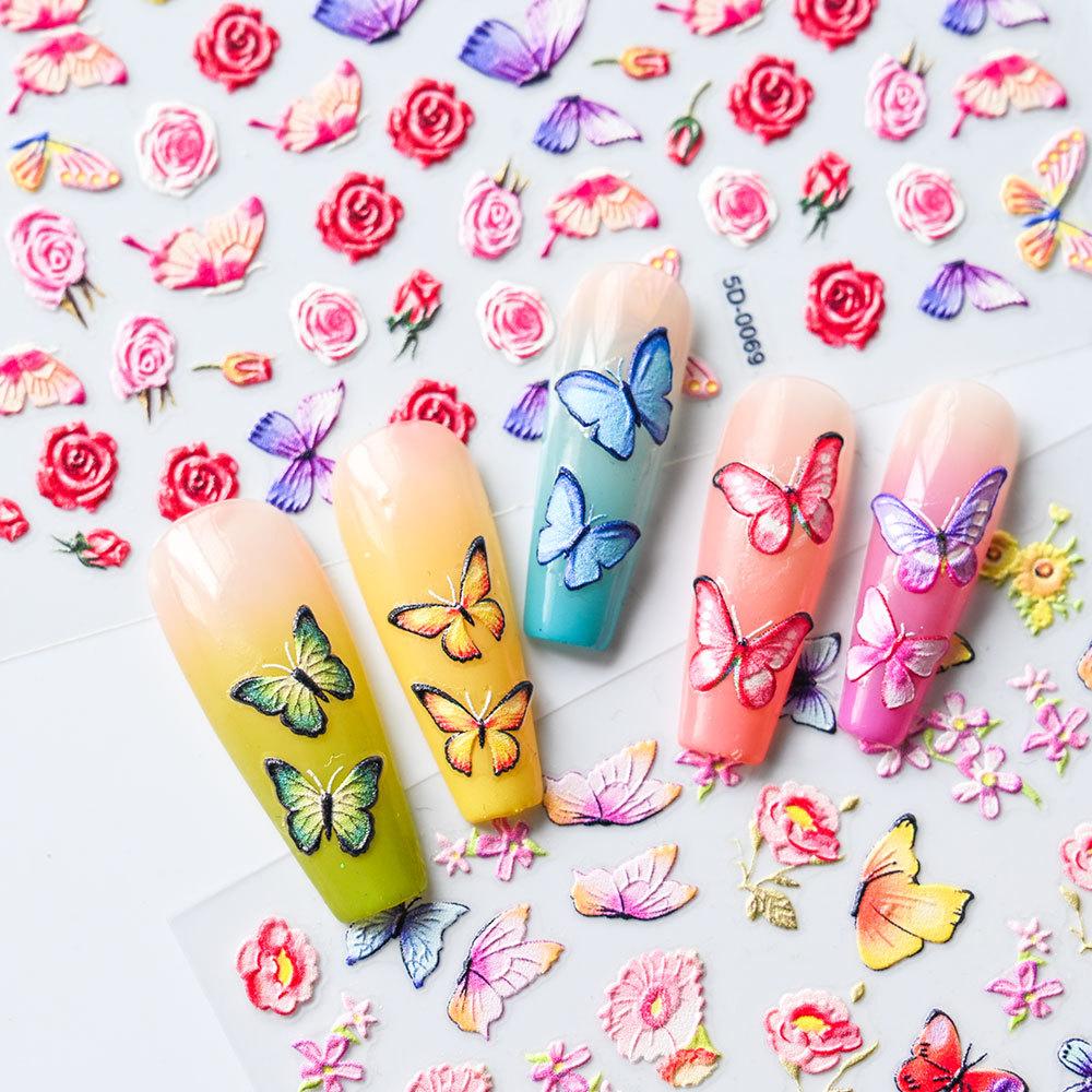 Color Relief Butterfly Nail Art Sticker 5D Three-Dimensional Butterfly Flower Adhesive Nail Decorative Relief Sticker