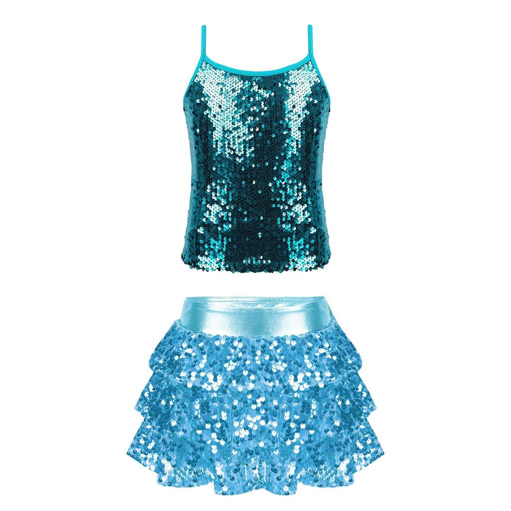 Girls Shiny Sequins Camisole Top Adjustable Straps Tiered Ruffle Skirted Shorts Culottes Dance Outfit
