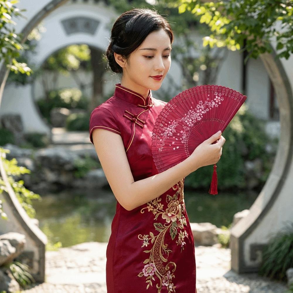 with Tassel Bamboo Folding Fan Vintage Cherry Blossom Fan Carved Hollowed-Out Fan  Cultural Event