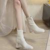 French high-heeled short boots women's 2026 autumn and winter new thick heel square head white elastic thin boots women's velvet