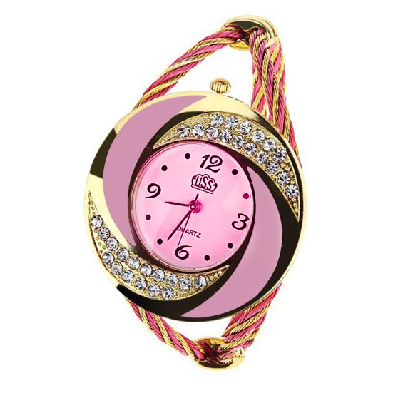 

Наручные часы спиральные водонепроницаемые круглые браслеты со стразами и оплеткой для подарка розовый