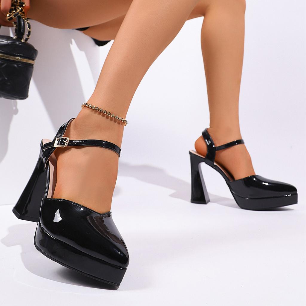 2025 summer pointed thick heel waterproof table high heels women's one-word buckle strap small man heightening bag head sandals