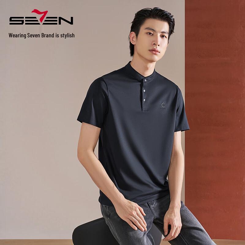 SEVEN Men's Linen Blend Stand-Collar Short Sleeve Polo Shirt