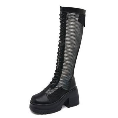 10cm Malla de Aire Cuero Genuino Mujer Verano Botas de Motocicleta Plataforma Tacón Alto Hasta la Rodilla Hueco Cremallera Botines de Tobillo para Mujer Moda