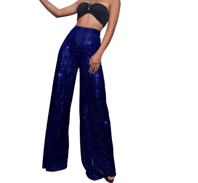 Pantaloni da Donna a Gamba Larga Lunghi Fino ai Piedi con Perle e Paillettes alla Moda 2025