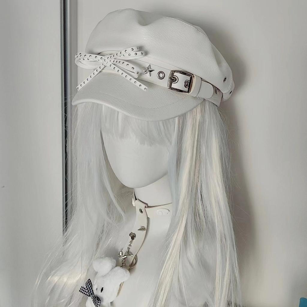 Ladies Winter Cap Y2K Japanese Hat White Pu Bow Women's Caps Punk Gothic Beret Hats Cap for Girls Women's Fashion Beret Hats