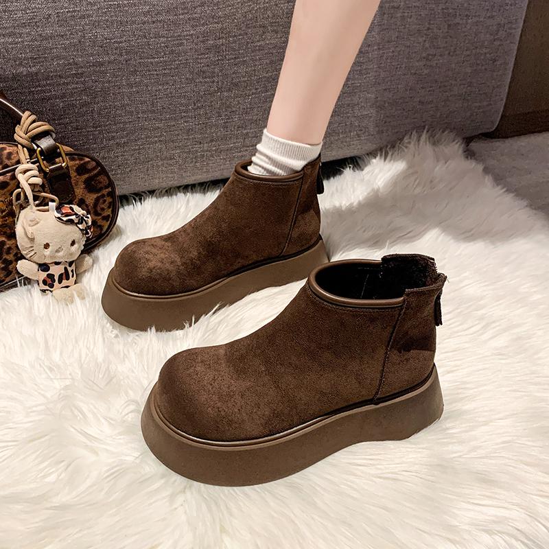 Women's Fashion Platform Snow Boots Winter New Round Head Suede Back Zipper Anti-slip Wear-resistant Short Boots