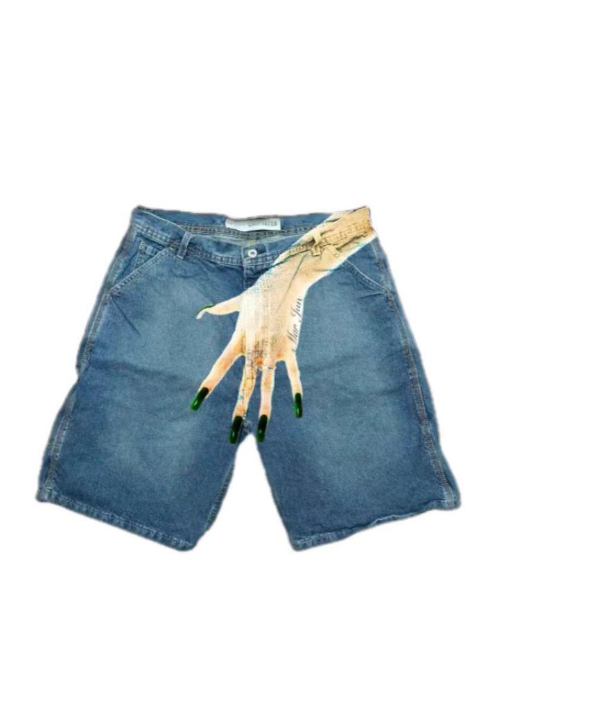 "Men's Y2K Hip-Hop Trend Pattern Denim Shorts - European and American High Street Fashion for Couples"